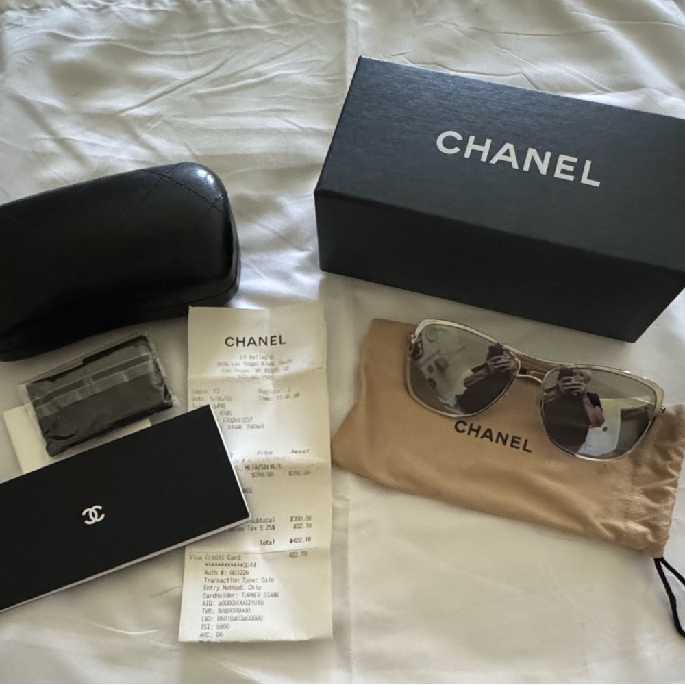 Chanel Silver Aviator Sunglasses - Like New with Box and Dustbag